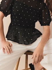 Black/White Spot Sheer Short Sleeve Smock Top - Image 5 of 7