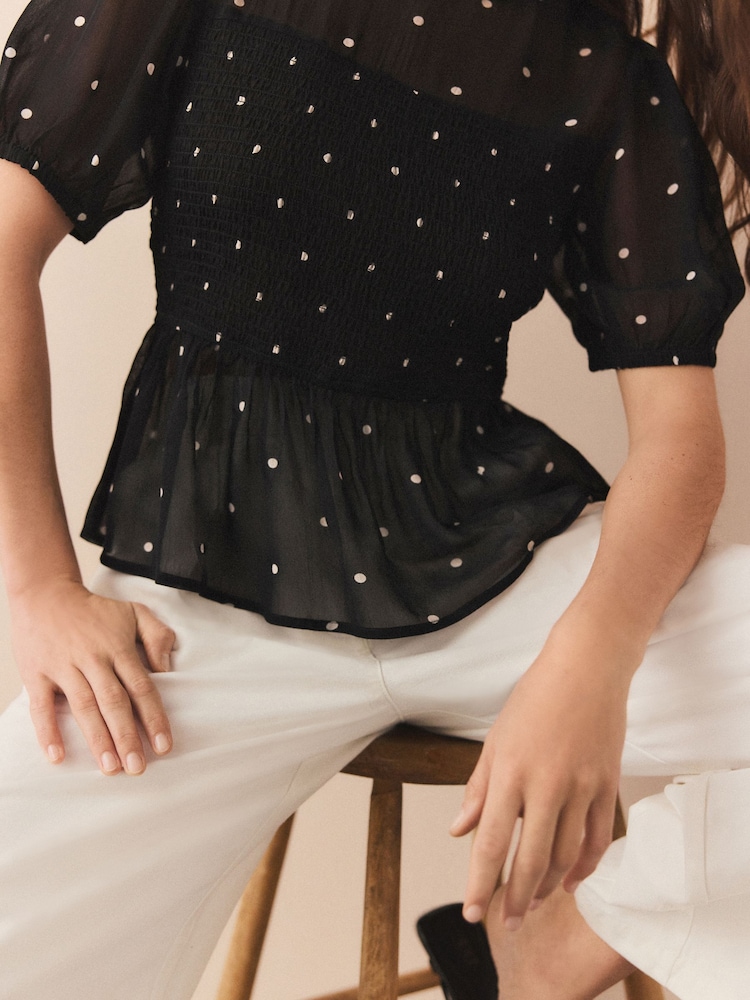 Black/White Spot Sheer Short Sleeve Smock Top - Image 1 of 4 Black/White Spot Sheer Short Sleeve Smock Top - Image 1 of 4