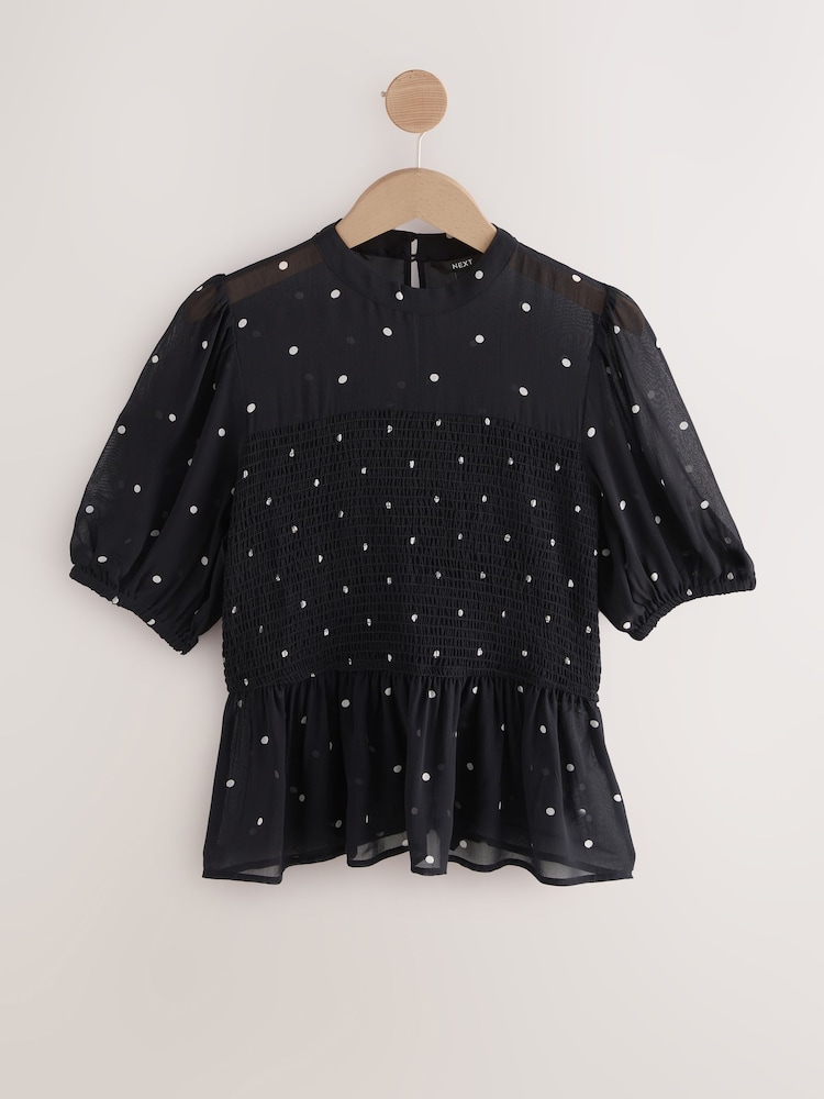 Black/White Spot Sheer Short Sleeve Smock Top - Image 2 of 4 Black/White Spot Sheer Short Sleeve Smock Top - Image 2 of 4