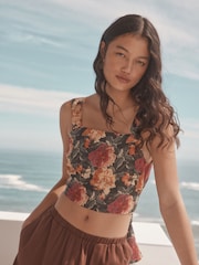 Floral Print Square Neck Self Tie Back Sleeveless Top - Image 1 of 8