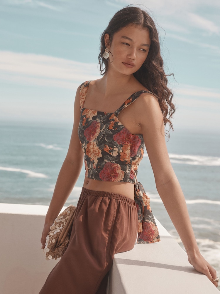 Floral Print Square Neck Self Tie Back Sleeveless Top - Image 2 of 8