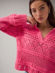 Bright Pink Cotton Stitch Long Sleeve V-Neck Jumper - Image 1 of 7