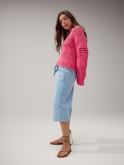 Bright Pink Cotton Stitch Long Sleeve V-Neck Jumper - Image 2 of 7
