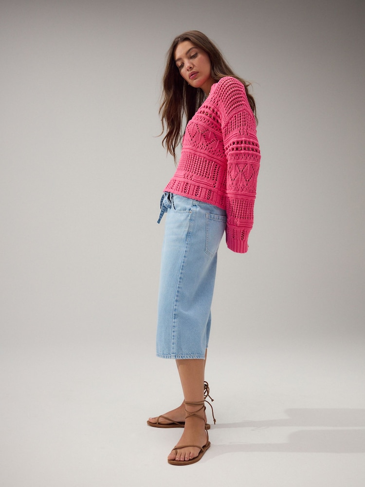 Bright Pink Cotton Stitch Long Sleeve V-Neck Jumper - Image 2 of 7