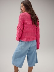Bright Pink Cotton Stitch Long Sleeve V-Neck Jumper - Image 3 of 7