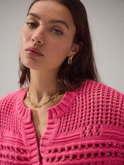 Bright Pink Cotton Stitch Long Sleeve V-Neck Jumper - Image 4 of 7
