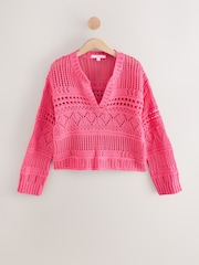 Bright Pink Cotton Stitch Long Sleeve V-Neck Jumper - Image 5 of 7