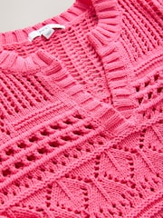 Bright Pink Cotton Stitch Long Sleeve V-Neck Jumper - Image 6 of 7