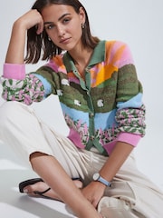 Multicolorido brilhante - Cardigan com Print de paisagem e botões na gola - Imagem 1 de 5