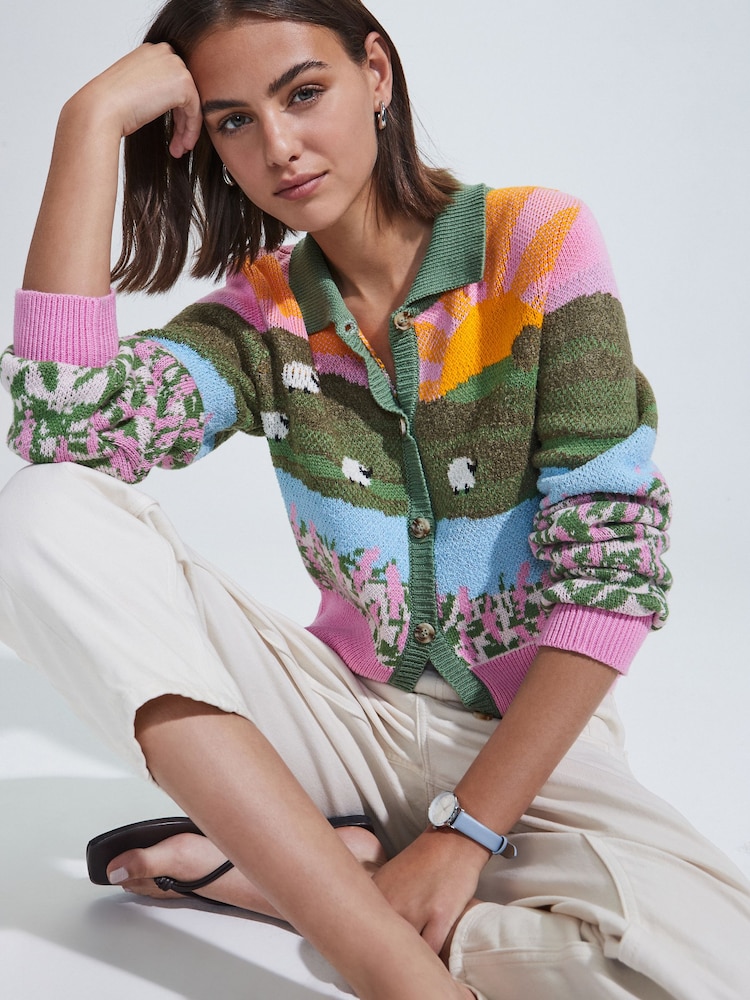 Multicolorido brilhante - Cardigan com Print de paisagem e botões na gola - Imagem 1 de 5