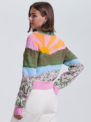 Multicolorido brilhante - Cardigan com Print de paisagem e botões na gola - Imagem 4 de 5