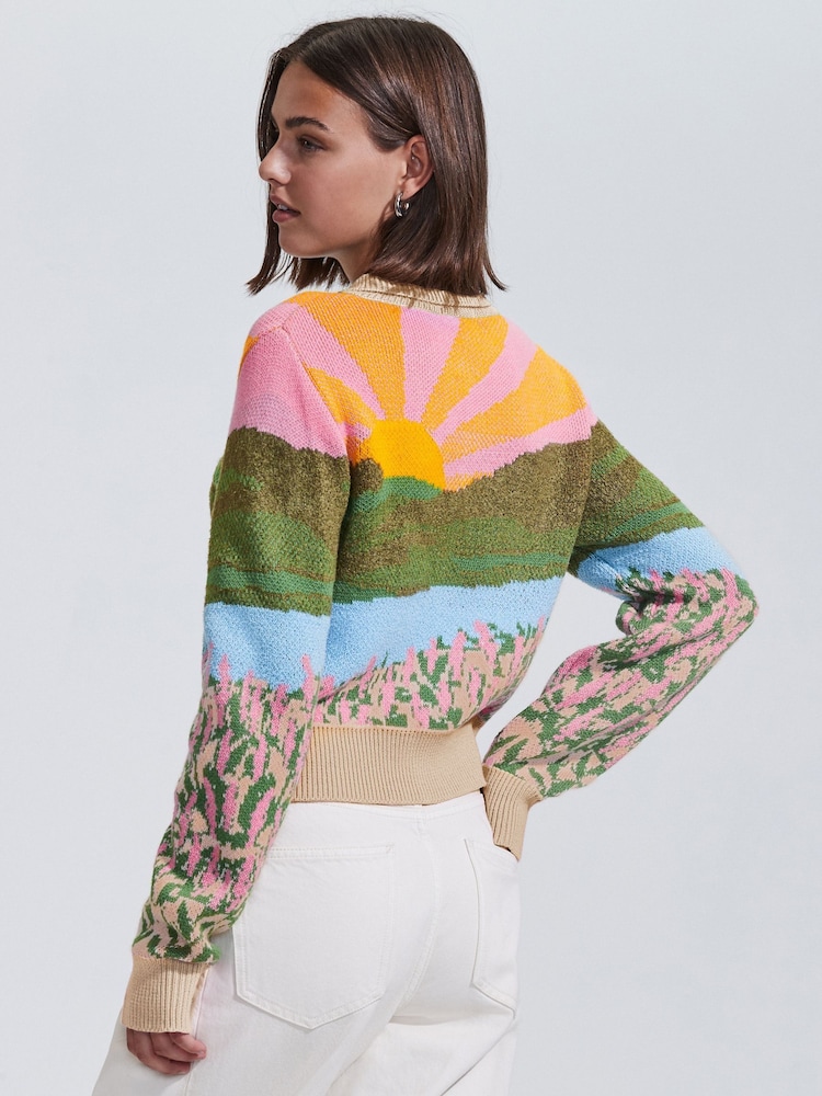 Bright Multi Colour Landscape Scene Print Collar Button Through Cardigan - Image 4 of 9