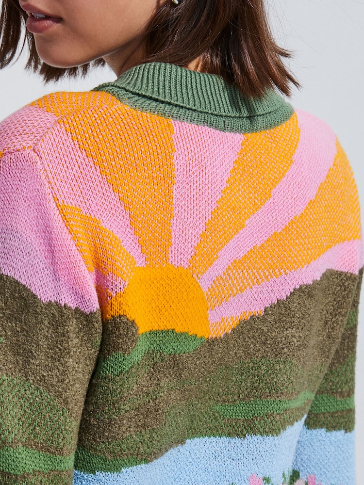 Multicolorido brilhante - Cardigan com Print de paisagem e botões na gola - Imagem 5 de 5