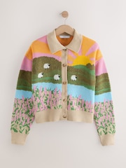 Hell-mehrfarbig - Landscape Scene Print Collar Button Through Cardigan - Bild 6 von 9