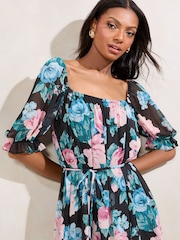 Lipsy Black Floral Print Square Neck Short Sleeve Mini Shift Dress - Image 2 of 4