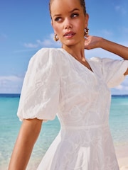Lipsy White Textured Mini V-Neck Puff Ball Short Sleeve 100% Cotton Dress - Image 2 of 4