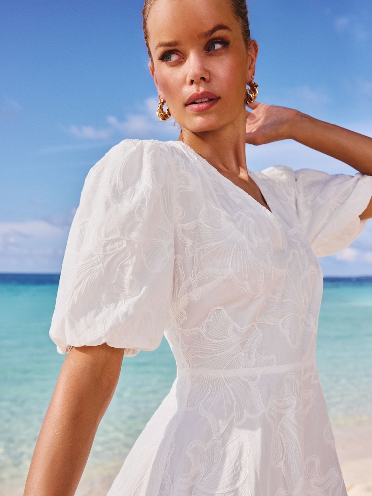 Lipsy White Textured Mini V-Neck Puff Ball Short Sleeve 100% Cotton Dress - Image 2 of 4