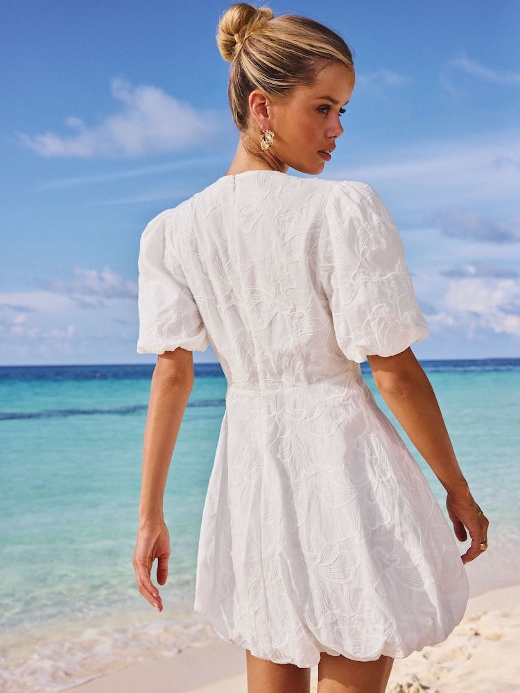 Lipsy White Textured Mini V-Neck Puff Ball Short Sleeve 100% Cotton Dress - Image 4 of 4