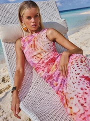 Lipsy Pink Orchid Printed Sleeveless Ruched Mesh Midi Dress - Image 1 of 5