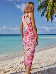 Lipsy Pink Orchid Printed Sleeveless Ruched Mesh Midi Dress - Image 5 of 5