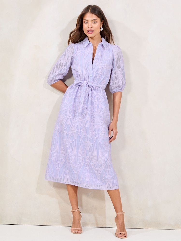 Lipsy Lilac Textured Belted Midi Shirt Dress - Image 1 of 4