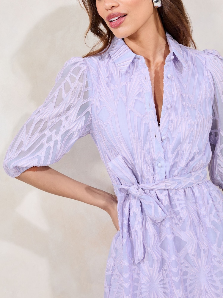 Lipsy Lilac Textured Belted Midi Shirt Dress - Image 2 of 4