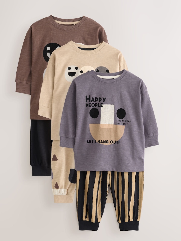 Brown/Cream Happy Face Oversized Pyjamas 3 Pack (9mths-10yrs) - Image 1 of 7