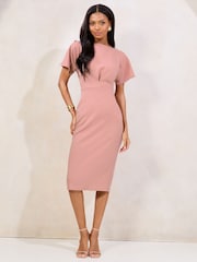 Pink Blouson Button Detail Bodycon Midi Dress - Image 1 of 4