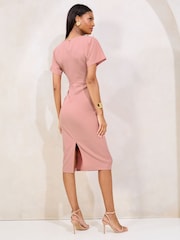Pink Blouson Button Detail Bodycon Midi Dress - Image 4 of 4