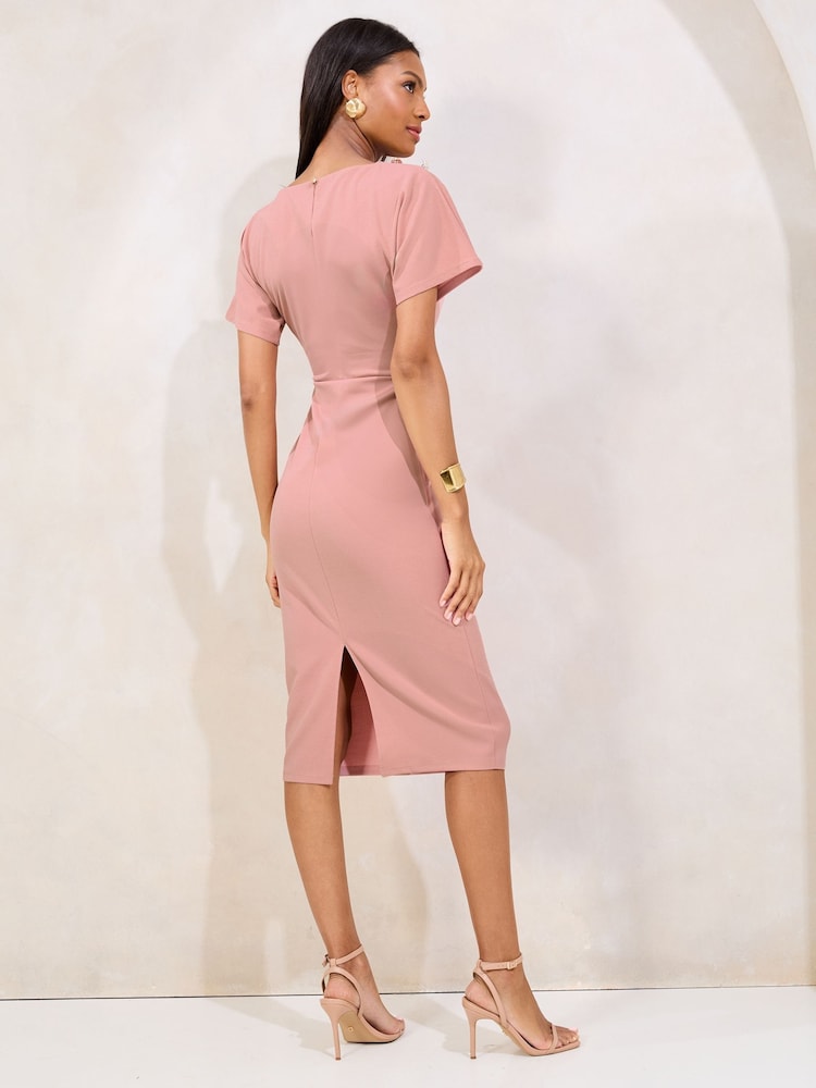 Pink Blouson Button Detail Bodycon Midi Dress - Image 4 of 4
