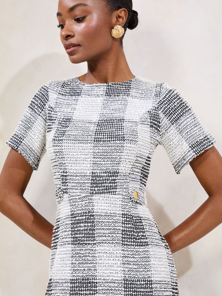 Lipsy Black & White Boucle Button Side Mini Skater Dress - Image 2 of 4