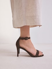 Chocolate Brown Signature Premium Leather Round Toe Buckle Detail Mid Simple Sandals - Image 1 of 11