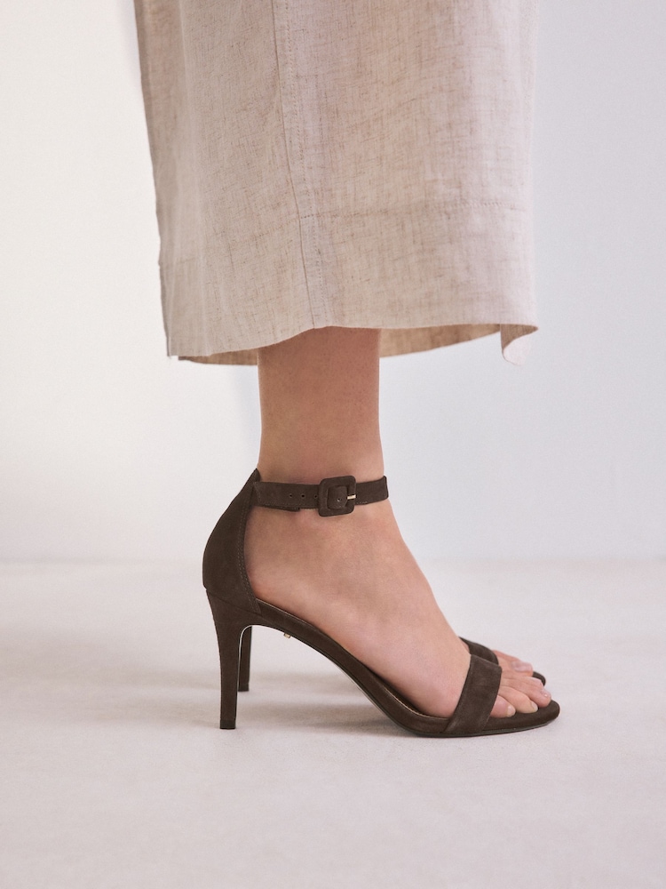 Chocolate Brown Signature Premium Leather Round Toe Buckle Detail Mid Simple Sandals - Image 1 of 11