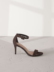 Chocolate Brown Signature Premium Leather Round Toe Buckle Detail Mid Simple Sandals - Image 6 of 11