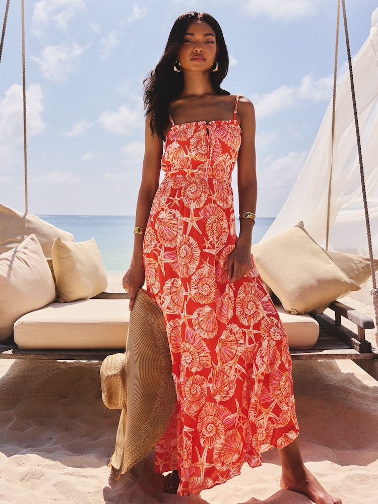Lipsy Orange Shell Printed Cami Strap Tired Maxi Dress - Image 2 of 5
