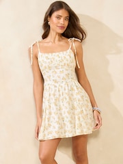 Lipsy White Yellow Floral Print Textured Cami Strap Mini Dress - Image 1 of 4