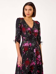 Roman Red Floral Print Gathered Stretch Dress - Image 1 of 5