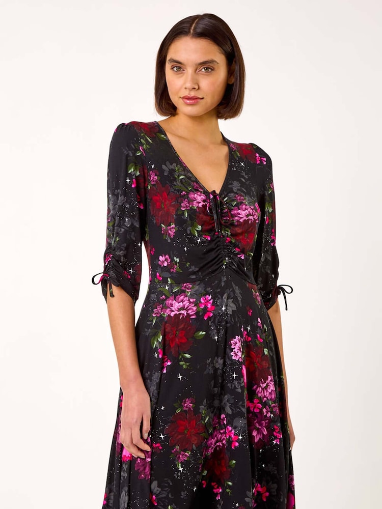 Roman Red Floral Print Gathered Stretch Dress - Image 1 of 5