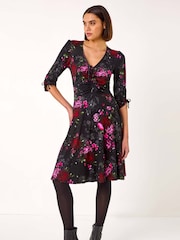 Roman Red Floral Print Gathered Stretch Dress - Image 2 of 5