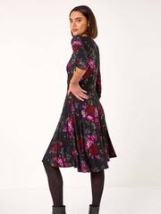 Roman Red Floral Print Gathered Stretch Dress - Image 3 of 5