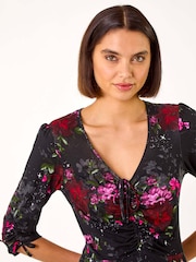 Roman Red Floral Print Gathered Stretch Dress - Image 4 of 5