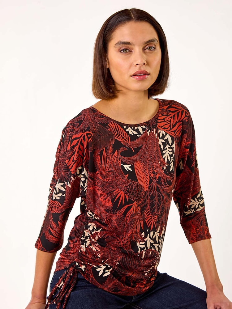 Roman Orange Leaf Print Side Tie Stretch Top - Image 1 of 5
