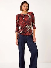 Roman Orange Leaf Print Side Tie Stretch Top - Image 2 of 5