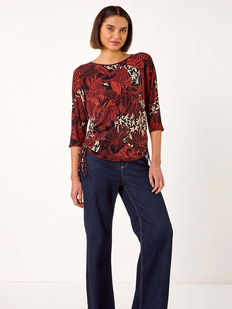Roman Orange Leaf Print Side Tie Stretch Top - Image 2 of 5
