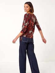 Roman Orange Leaf Print Side Tie Stretch Top - Image 3 of 5