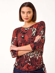 Roman Orange Leaf Print Side Tie Stretch Top - Image 4 of 5