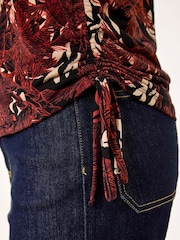 Roman Orange Leaf Print Side Tie Stretch Top - Image 5 of 5