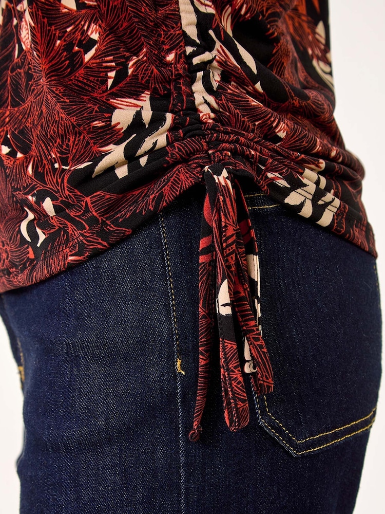 Roman Orange Leaf Print Side Tie Stretch Top - Image 5 of 5