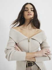 River Island Cream Bardot Jumper with Zip - Image 1 of 6
