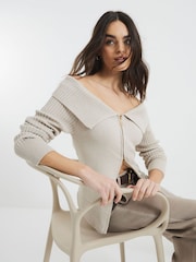 River Island Cream Bardot Jumper with Zip - Image 4 of 6